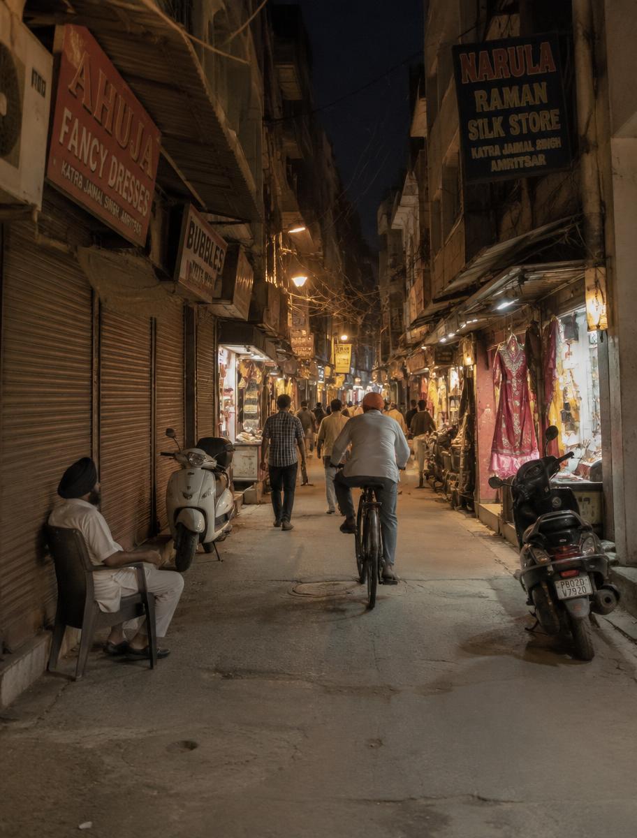 A narrow old-city lane in Amritsar lit by shop bulbs at night