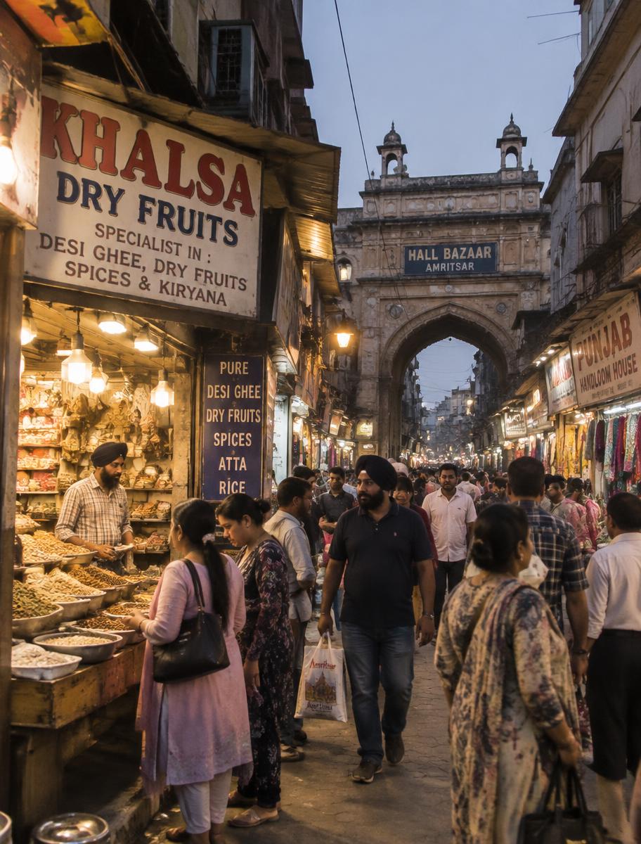 Shoppers and dry-fruit stalls under the Hall Bazaar gate in the evening