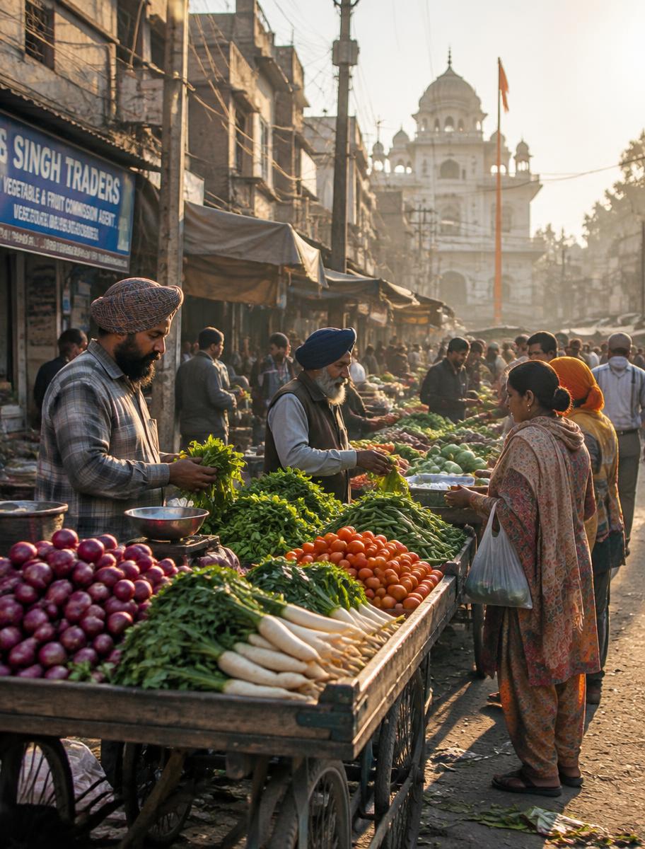 Vendors selling vegetables from handcarts at an Amritsar morning market